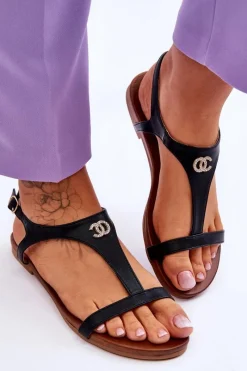 Outlet Damskie buty S.Barski Płaskie Sandały Z Ozdobą S.Barski KV-5541-45 Czarne