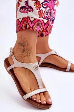 Sandały Płaskie></noscript>Damskie buty S.Barski Płaskie Sandały Z Ozdobą S.Barski KV-5541-45 Beżowe