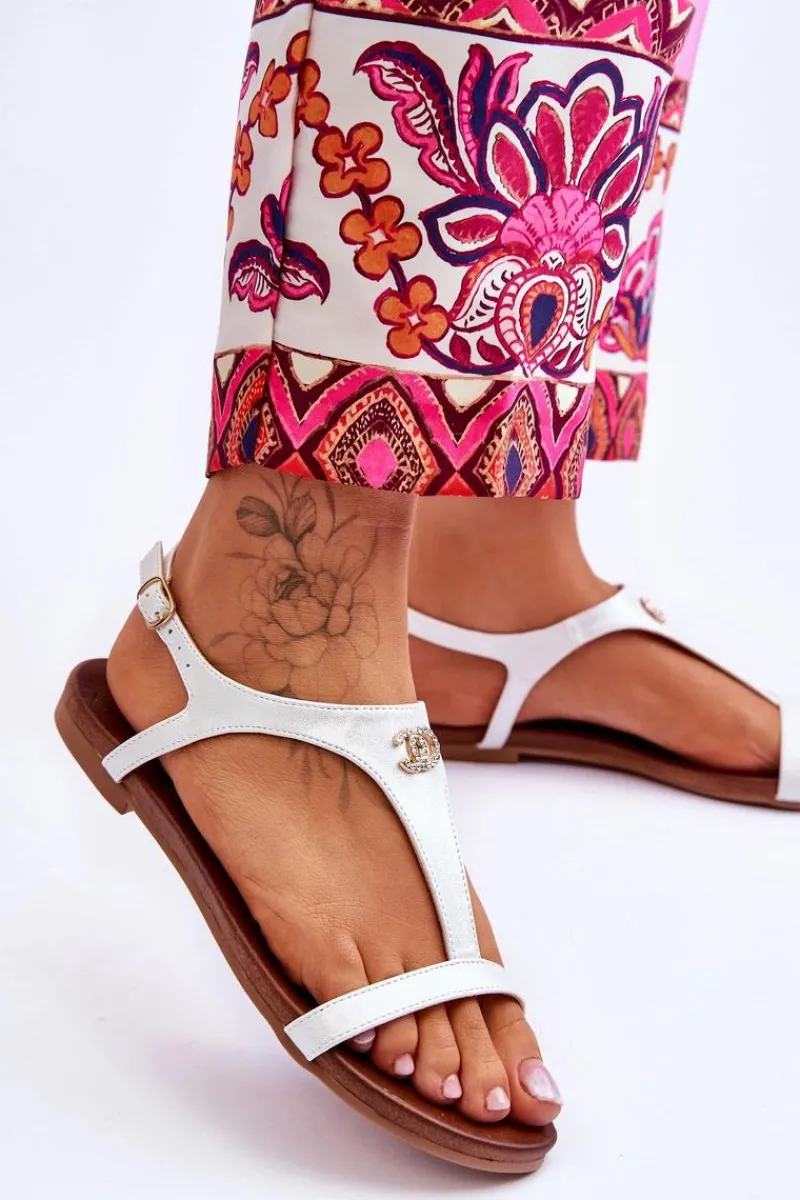 Hot Płaskie Sandały Z Ozdobą S.Barski KV-5541-45 Srebrne Damskie Sandały Płaskie