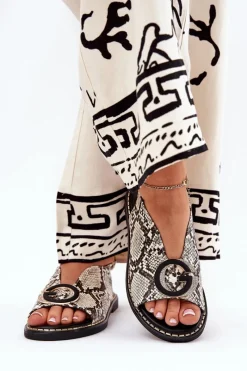 Clearance Płaskie Sandały Z Ozdobą Wężowy Wzór Beżowo-Brązowe Haliones Damskie Sandały Płaskie