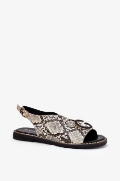 Clearance Płaskie Sandały Z Ozdobą Wężowy Wzór Beżowo-Brązowe Haliones Damskie Sandały Płaskie