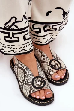 Clearance Płaskie Sandały Z Ozdobą Wężowy Wzór Beżowo-Brązowe Haliones Damskie Sandały Płaskie
