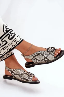 Clearance Płaskie Sandały Z Ozdobą Wężowy Wzór Beżowo-Brązowe Haliones Damskie Sandały Płaskie