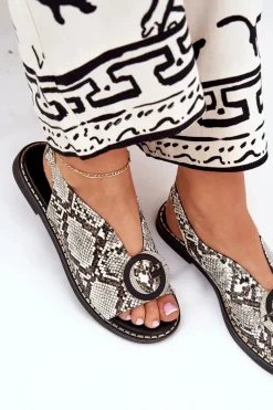 Clearance Płaskie Sandały Z Ozdobą Wężowy Wzór Beżowo-Brązowe Haliones Damskie Sandały Płaskie