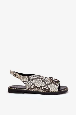 Clearance Płaskie Sandały Z Ozdobą Wężowy Wzór Beżowo-Brązowe Haliones Damskie Sandały Płaskie
