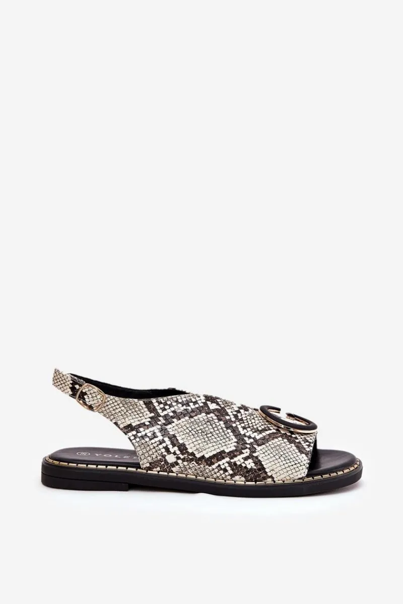 Clearance Płaskie Sandały Z Ozdobą Wężowy Wzór Beżowo-Brązowe Haliones Damskie Sandały Płaskie