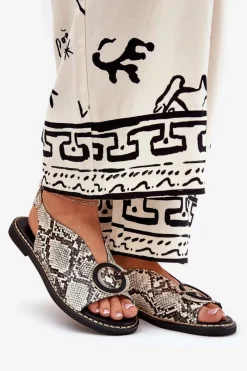 Clearance Płaskie Sandały Z Ozdobą Wężowy Wzór Beżowo-Brązowe Haliones Damskie Sandały Płaskie
