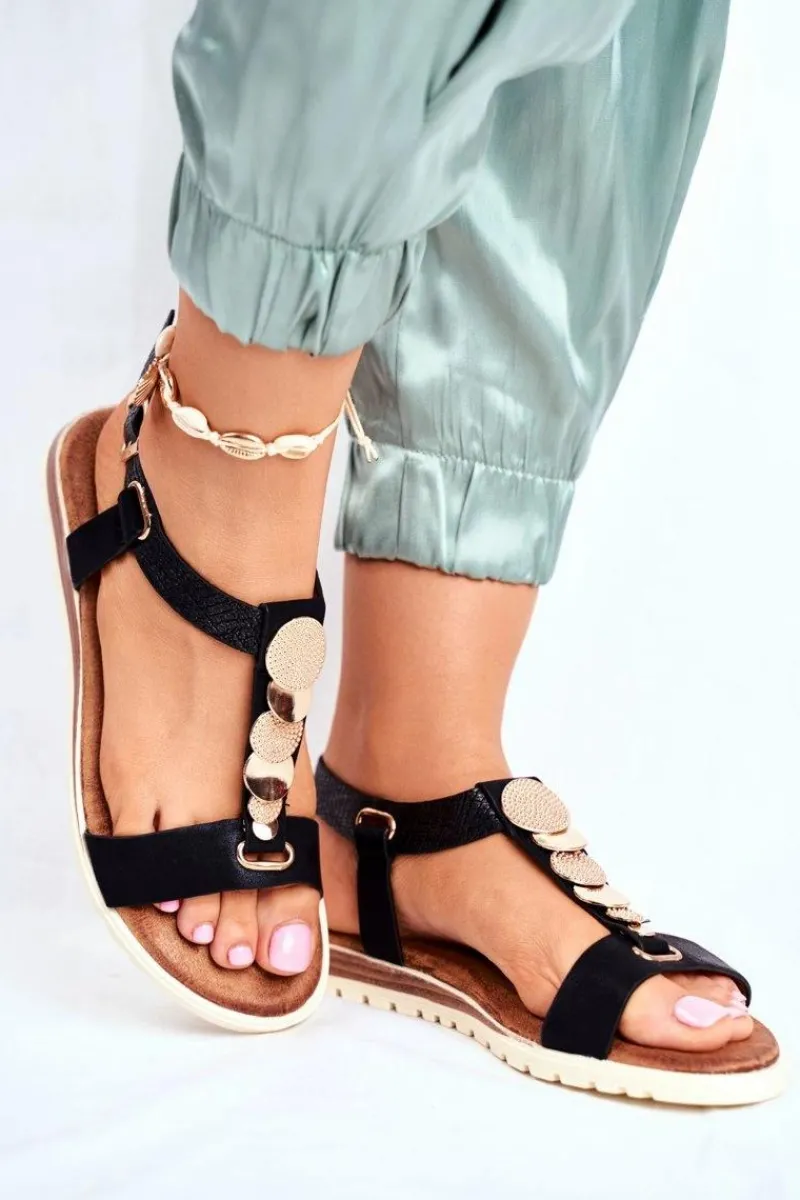 Clearance Płaskie Sandały Z Ozdobami Czarne Milton Damskie Sandały Płaskie