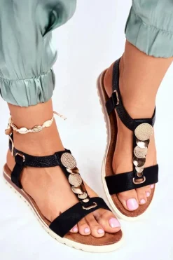 Clearance Płaskie Sandały Z Ozdobami Czarne Milton Damskie Sandały Płaskie