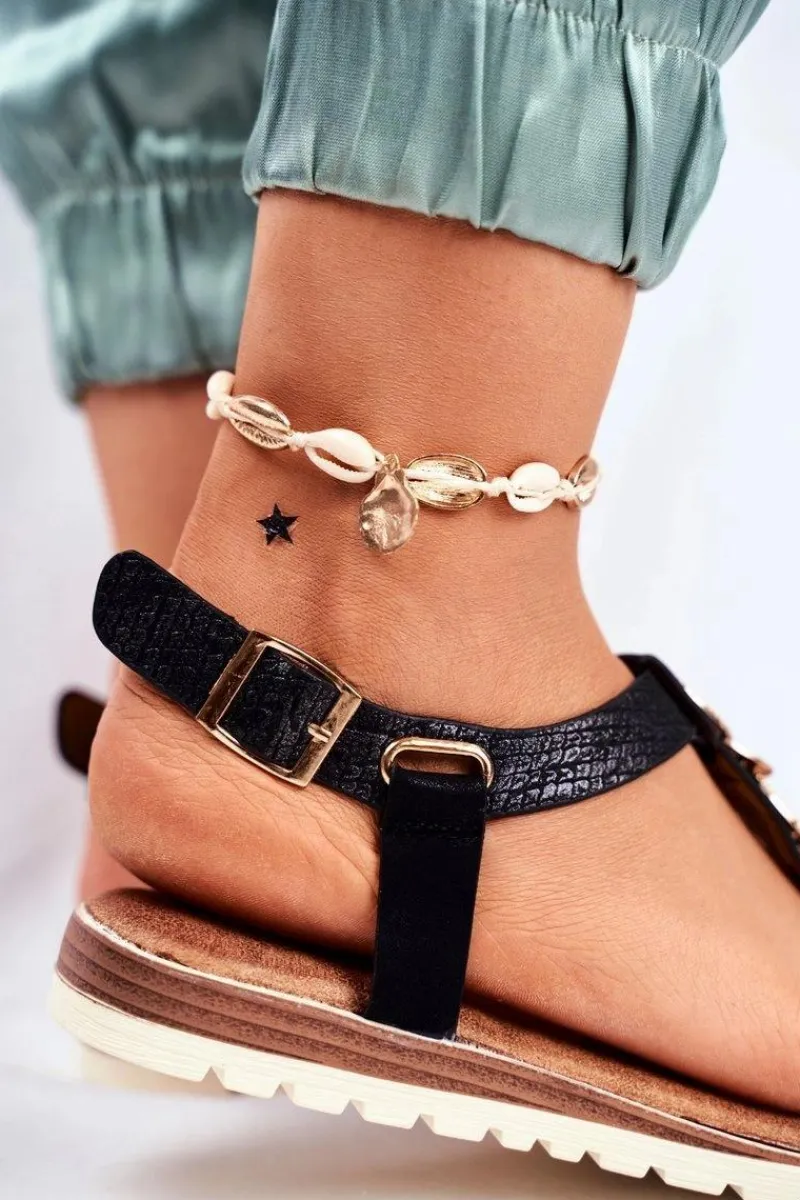 Clearance Płaskie Sandały Z Ozdobami Czarne Milton Damskie Sandały Płaskie