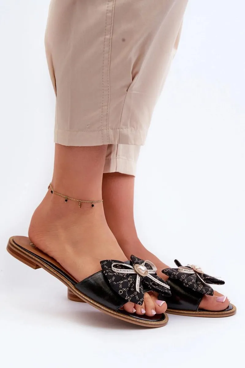 Klapki Damskie Klasyczne>Laura Messi Płaskie Skórzane Klapki Damskie Z Kokardą 2791 Czarne