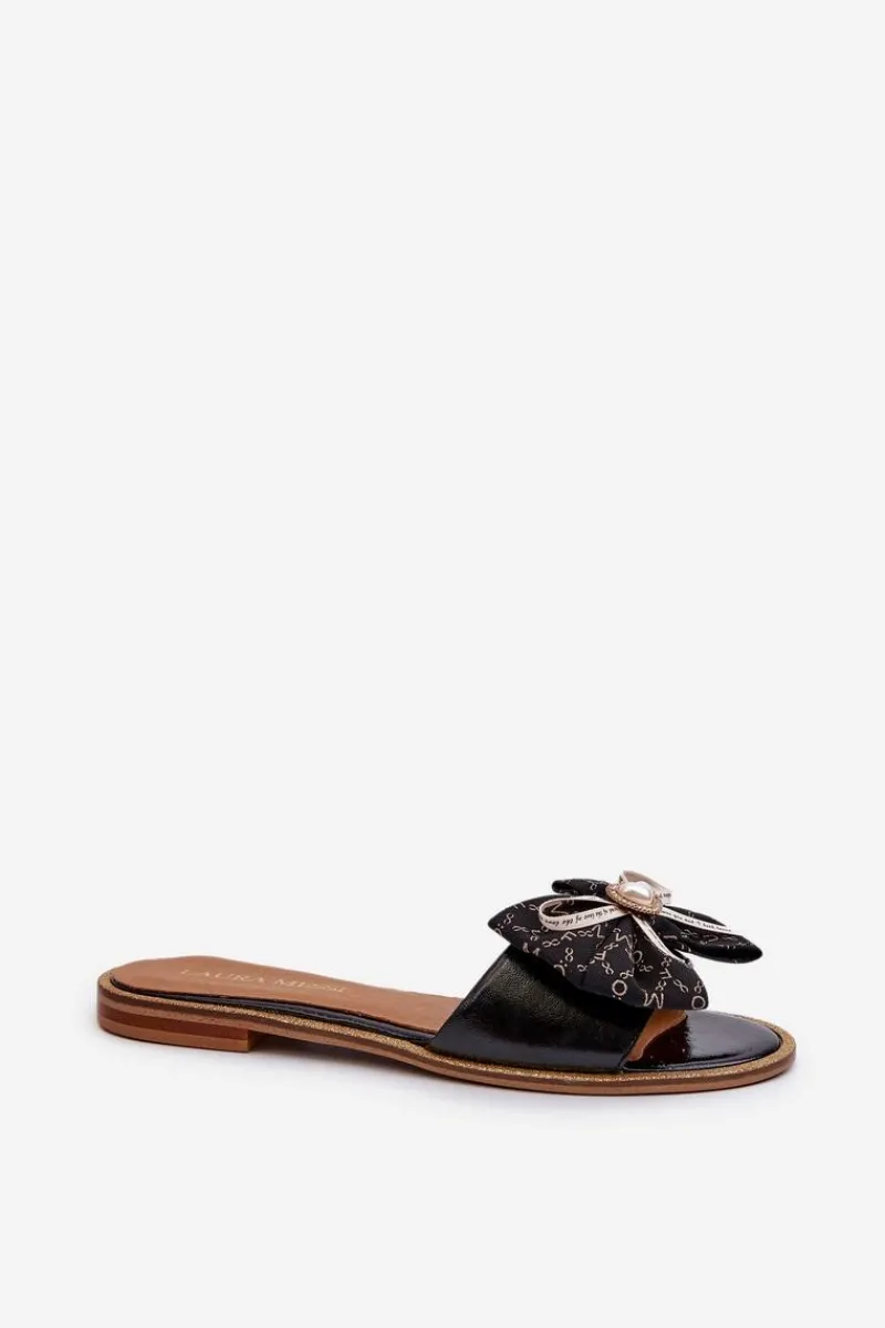 Klapki Damskie Klasyczne>Laura Messi Płaskie Skórzane Klapki Damskie Z Kokardą 2791 Czarne