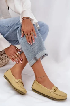 Discount Damskie buty S.Barski Płaskie Skórzane Mokasyny Z Ozdobą S.Barski LR51-547 Żółte Żółty