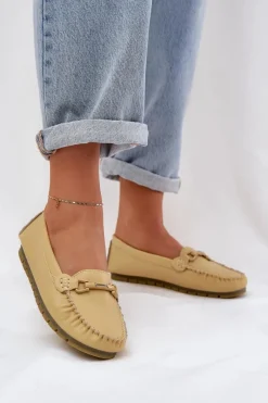 Discount Damskie buty S.Barski Płaskie Skórzane Mokasyny Z Ozdobą S.Barski LR51-547 Żółte Żółty