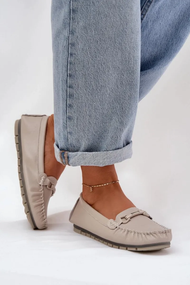 Płaskie Skórzane Mokasyny Z Ozdobą S.Barski LR51-547 Beżowe Damskie Loafersy Damskie|Mokasyny Damskie Skórzane