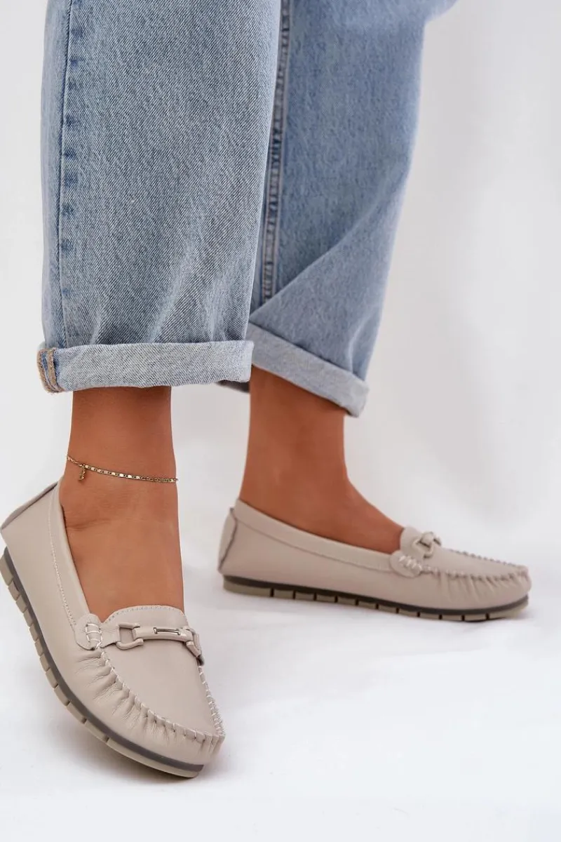 Płaskie Skórzane Mokasyny Z Ozdobą S.Barski LR51-547 Beżowe Damskie Loafersy Damskie|Mokasyny Damskie Skórzane