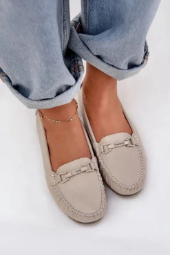 Płaskie Skórzane Mokasyny Z Ozdobą S.Barski LR51-547 Beżowe Damskie Loafersy Damskie|Mokasyny Damskie Skórzane