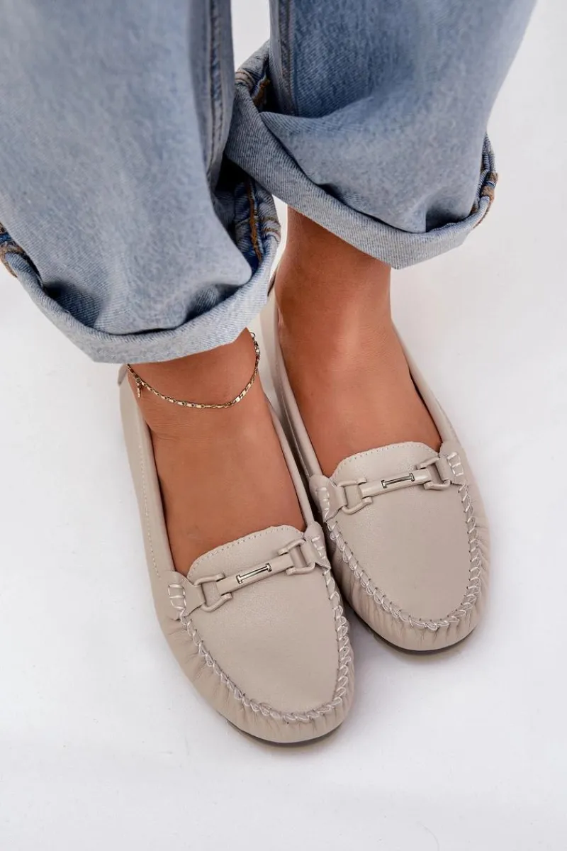 Płaskie Skórzane Mokasyny Z Ozdobą S.Barski LR51-547 Beżowe Damskie Loafersy Damskie|Mokasyny Damskie Skórzane