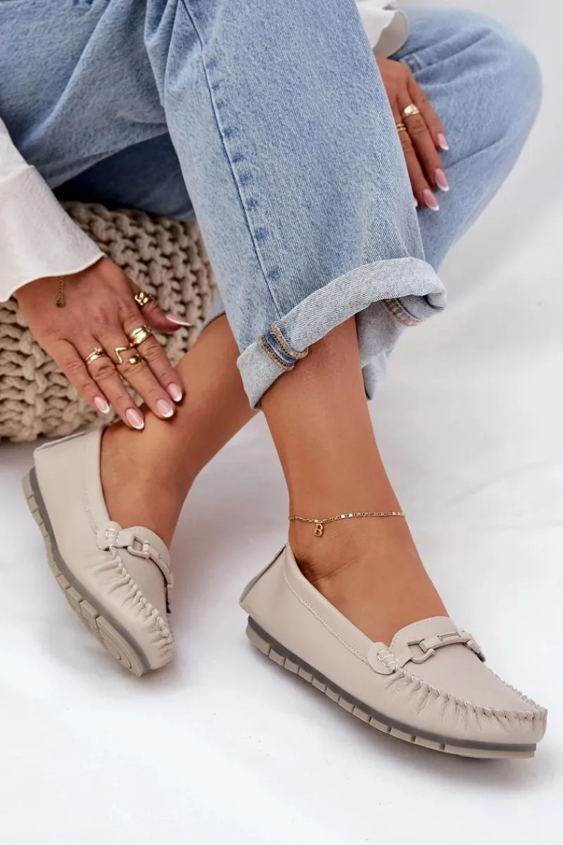 Płaskie Skórzane Mokasyny Z Ozdobą S.Barski LR51-547 Beżowe Damskie Loafersy Damskie|Mokasyny Damskie Skórzane