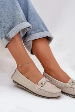 Płaskie Skórzane Mokasyny Z Ozdobą S.Barski LR51-547 Beżowe Damskie Loafersy Damskie|Mokasyny Damskie Skórzane