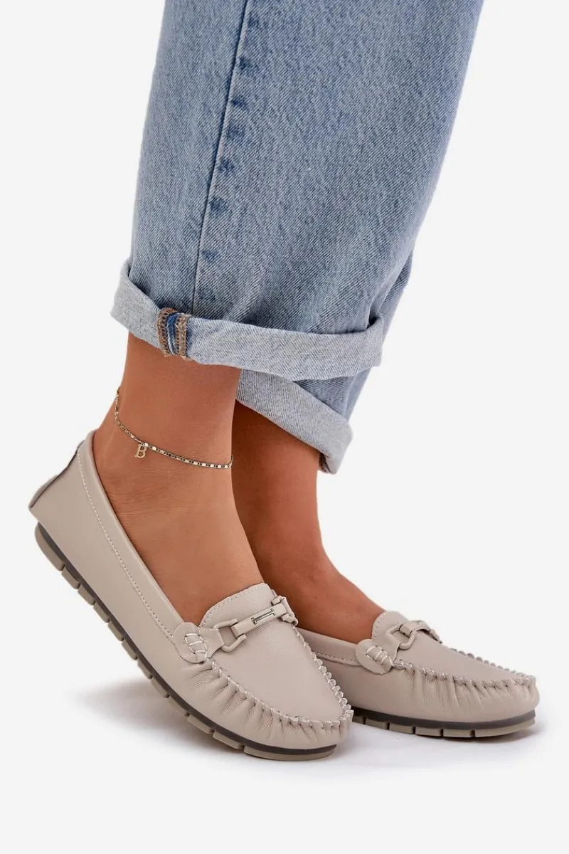 Płaskie Skórzane Mokasyny Z Ozdobą S.Barski LR51-547 Beżowe Damskie Loafersy Damskie|Mokasyny Damskie Skórzane