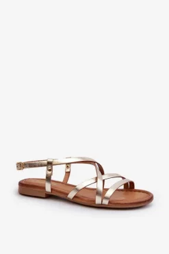 Best Maciejka Płaskie Skórzane Sandały Damskie 06635-25 Złote