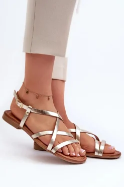 Best Maciejka Płaskie Skórzane Sandały Damskie 06635-25 Złote