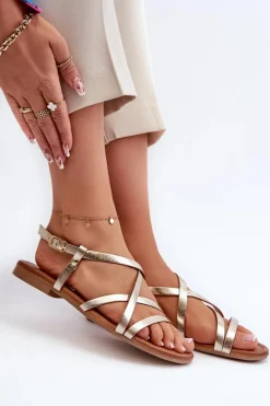 Best Maciejka Płaskie Skórzane Sandały Damskie 06635-25 Złote