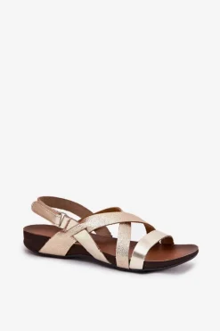 Sandały Płaskie></noscript>Zazoo Płaskie Skórzane Sandały Damskie 40032 Złote Złoty