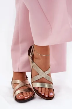 Sandały Płaskie></noscript>Zazoo Płaskie Skórzane Sandały Damskie 40032 Złote Złoty