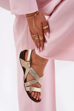 Sandały Płaskie></noscript>Zazoo Płaskie Skórzane Sandały Damskie 40032 Złote Złoty