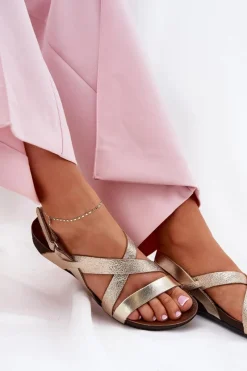 Sandały Płaskie></noscript>Zazoo Płaskie Skórzane Sandały Damskie 40032 Złote Złoty