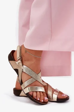 Sandały Płaskie></noscript>Zazoo Płaskie Skórzane Sandały Damskie 40032 Złote Złoty