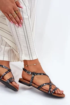 Maciejka Płaskie Skórzane Sandały Damskie 06635-05 Czarne Czarny