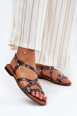 Maciejka Płaskie Skórzane Sandały Damskie 06635-05 Czarne Czarny