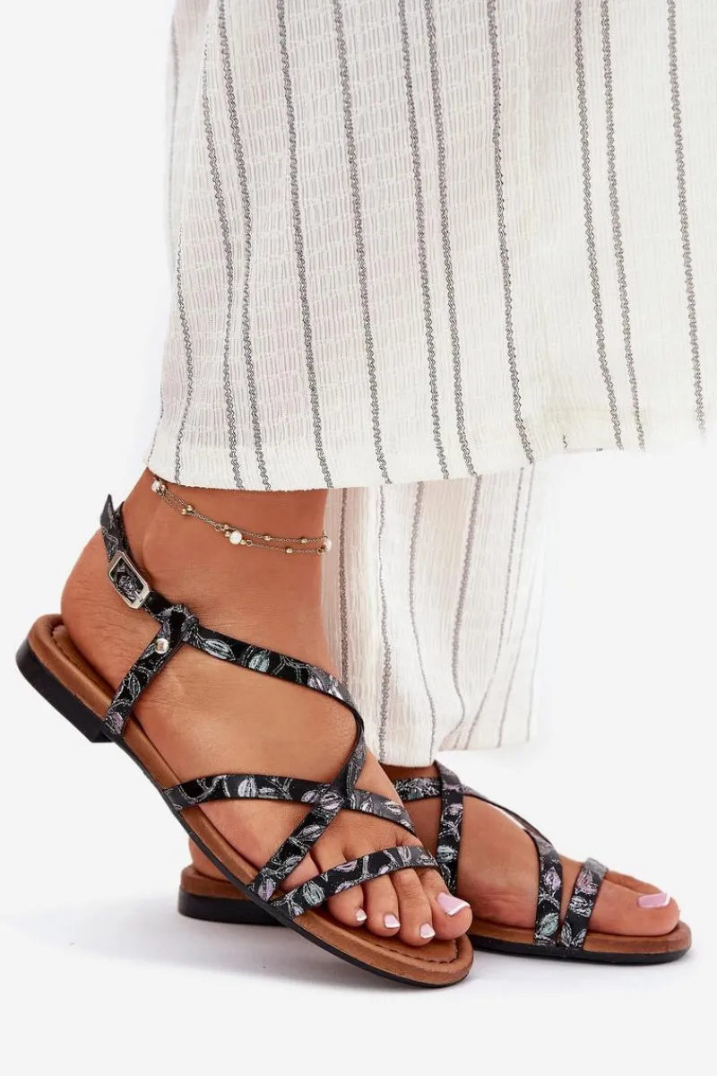 Maciejka Płaskie Skórzane Sandały Damskie 06635-05 Czarne Czarny