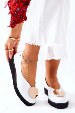 Półbuty Baleriny Na Platformie Białe 5315B-11 Damskie Półbuty Skórzane|Baleriny Klasyczne