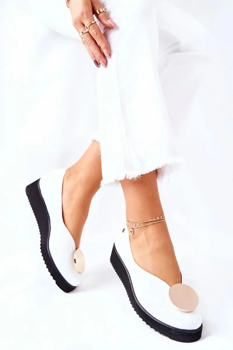 Półbuty Baleriny Na Platformie Białe 5315B-11 Damskie Półbuty Skórzane|Baleriny Klasyczne