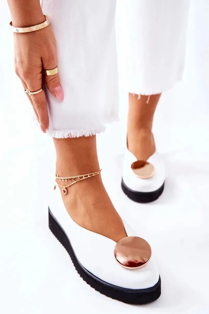 Półbuty Baleriny Na Platformie Białe 5315B-11 Damskie Półbuty Skórzane|Baleriny Klasyczne