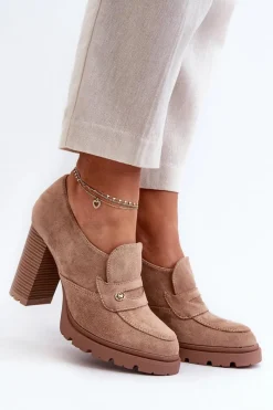 Sale Evento Półbuty Damskie Eko Zamszowe Na Słupku Beżowe Larmaves