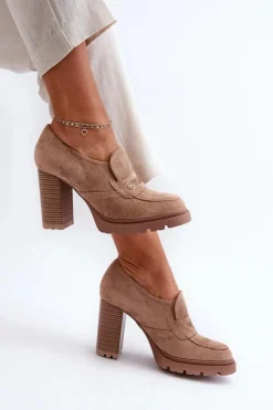 Sale Evento Półbuty Damskie Eko Zamszowe Na Słupku Beżowe Larmaves