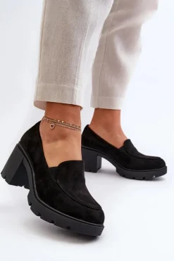 Outlet Półbuty Damskie Eko Zamszowe Na Obcasie i Platformie Czarne Arablosa Damskie Czółenka Na Platformie|Czółenka Zamszowe