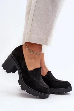 Outlet Półbuty Damskie Eko Zamszowe Na Obcasie i Platformie Czarne Arablosa Damskie Czółenka Na Platformie|Czółenka Zamszowe