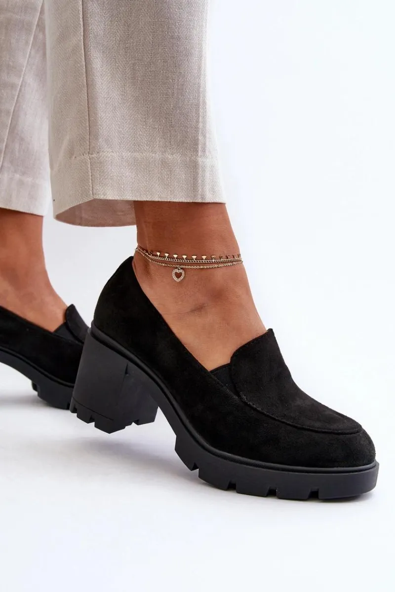 Outlet Półbuty Damskie Eko Zamszowe Na Obcasie i Platformie Czarne Arablosa Damskie Czółenka Na Platformie|Czółenka Zamszowe