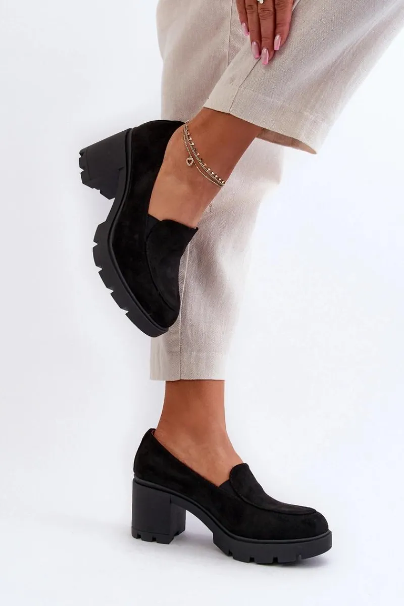 Outlet Półbuty Damskie Eko Zamszowe Na Obcasie i Platformie Czarne Arablosa Damskie Czółenka Na Platformie|Czółenka Zamszowe