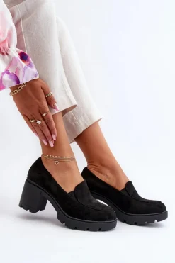 Outlet Półbuty Damskie Eko Zamszowe Na Obcasie i Platformie Czarne Arablosa Damskie Czółenka Na Platformie|Czółenka Zamszowe