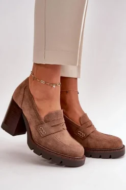 Sale Półbuty Damskie Na Obcasie Słupku Z Eko Zamszu Brązowe Vinceza 58105 Damskie Czółenka Na Platformie|Czółenka Zamszowe