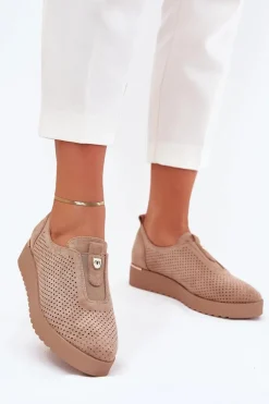 Best Półbuty Damskie Na Platformie Z Eko Zamszu Ciemnobeżowe Aviara Damskie Półbuty Skórzane