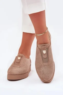 Best Półbuty Damskie Na Platformie Z Eko Zamszu Ciemnobeżowe Aviara Damskie Półbuty Skórzane