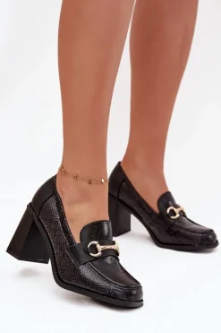 Discount Półbuty Damskie Na Słupku Z Tłoczeniem I Złotym Detalem Czarne Novella Damskie Półbuty Lakierowane|Półbuty Skórzane